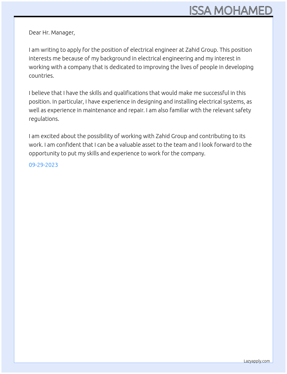 electrical engineer At Zahid Group Cover Letter