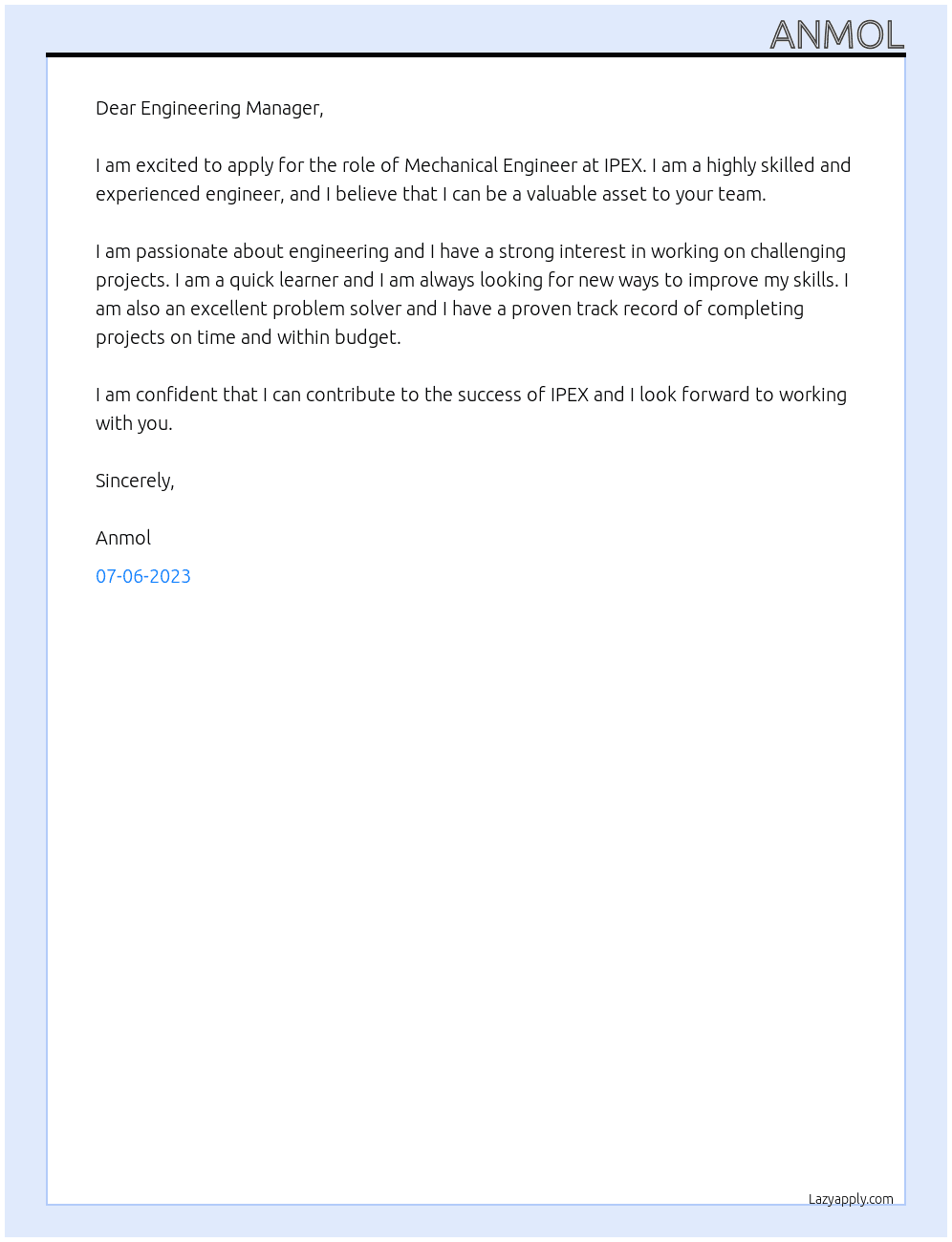 Mechanical Engineer At IPEX Cover Letter