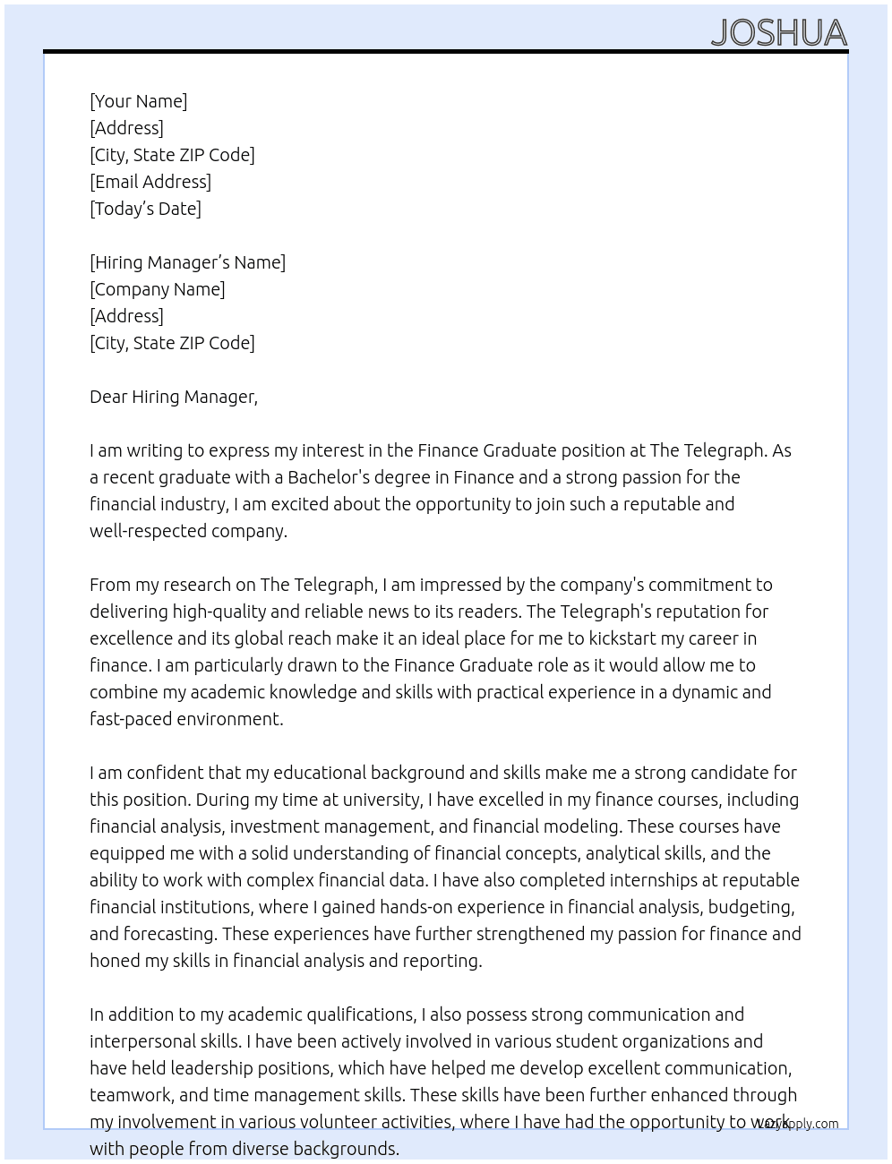 Finance Graduate At The Telegraph Cover Letter