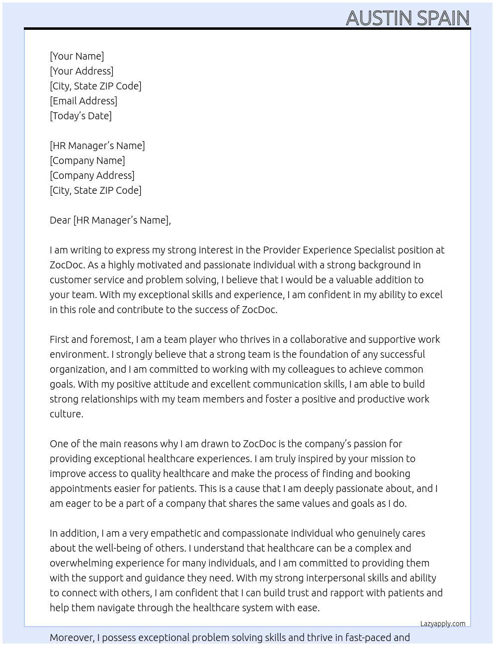 Provider Experience Specialist  At ZocDoc  Cover Letter
