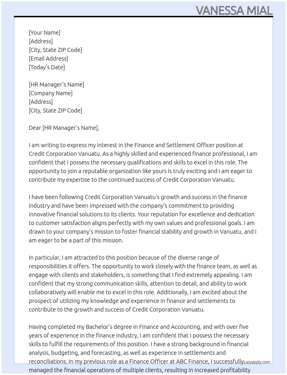 Finance and settlement Officer  At Credit corporation vanuatu Cover Letter