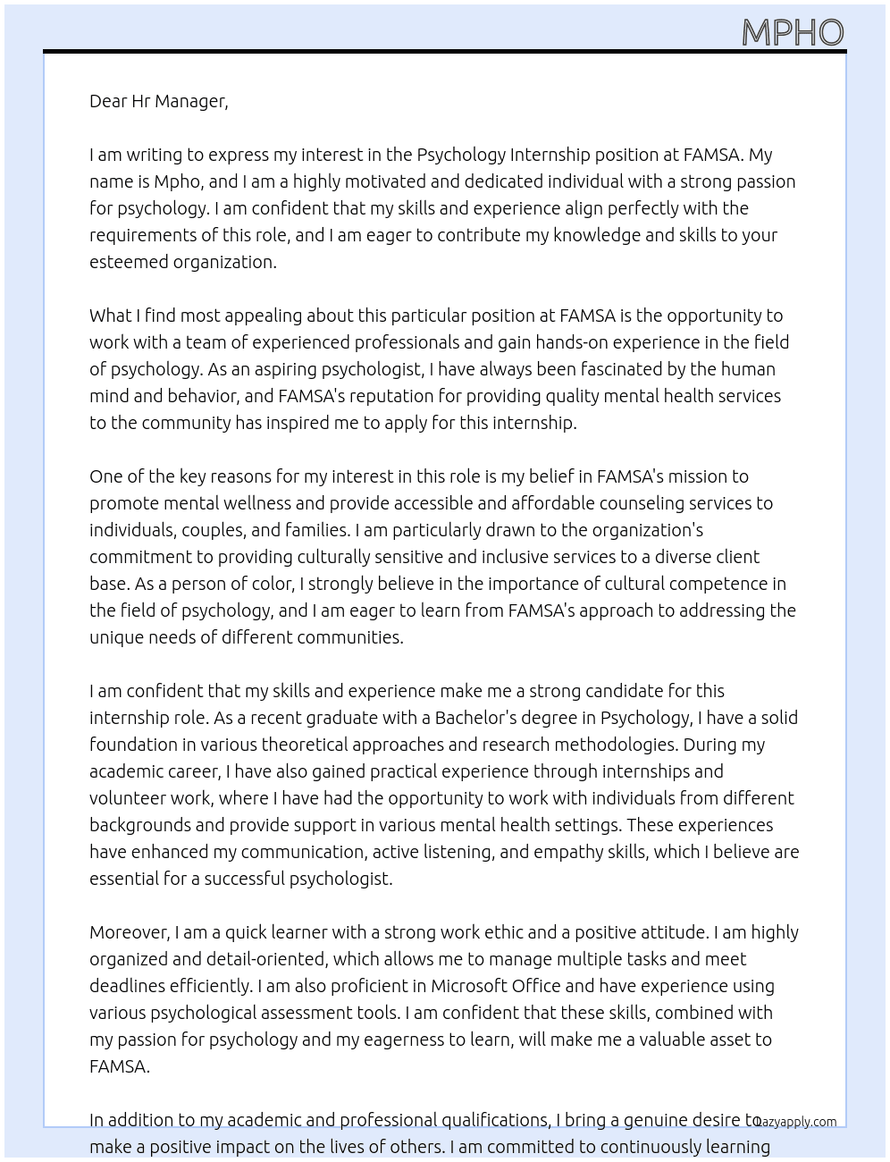 Psychology Internship At FAMSA Cover Letter