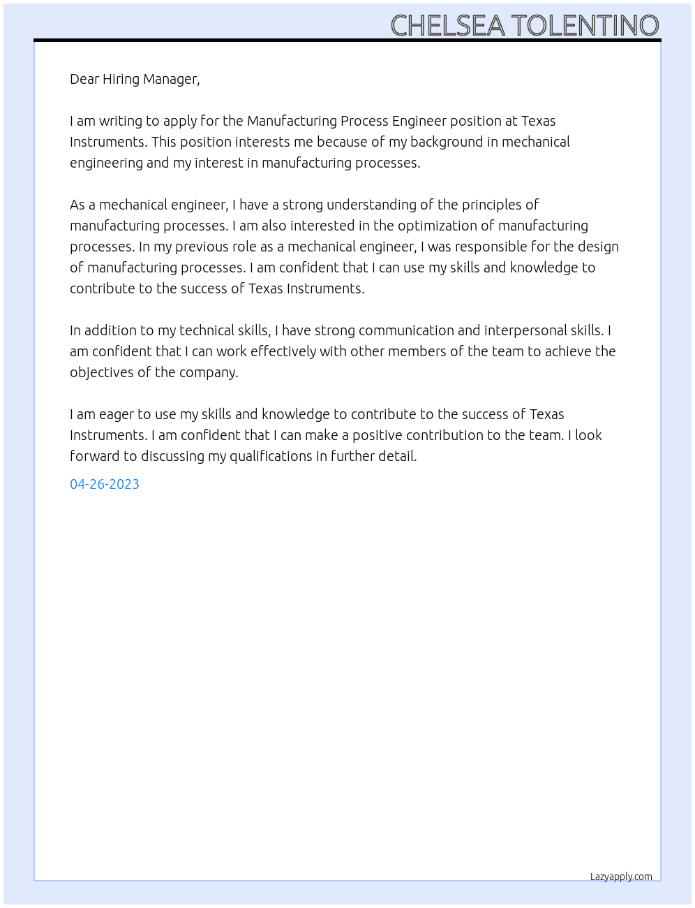Manufacturing Process Engineer At Texas Instruments Cover Letter