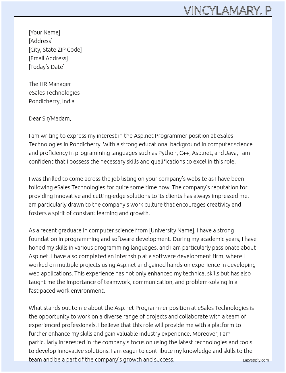 Asp.net Programmer  At eSales Technologies  Cover Letter