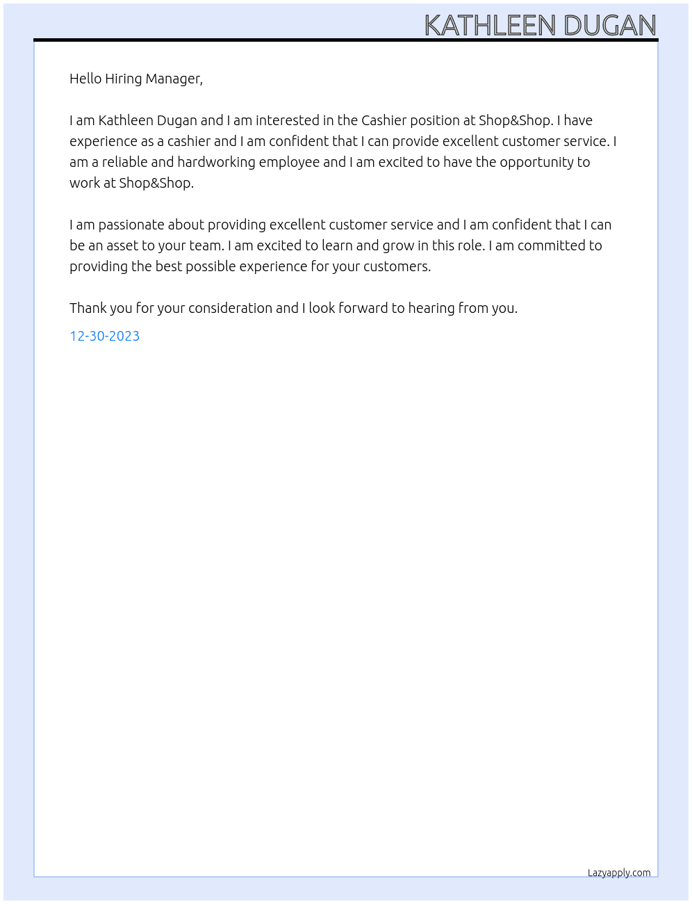 Cashier At Shop&Shop Cover Letter