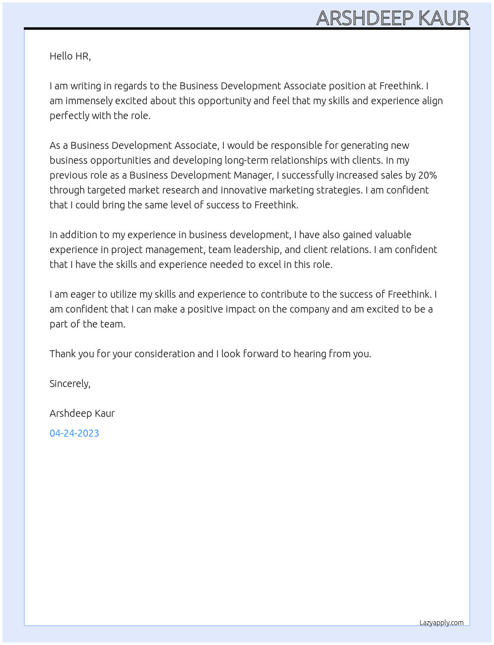 Business Development Associate At Freethink Cover Letter