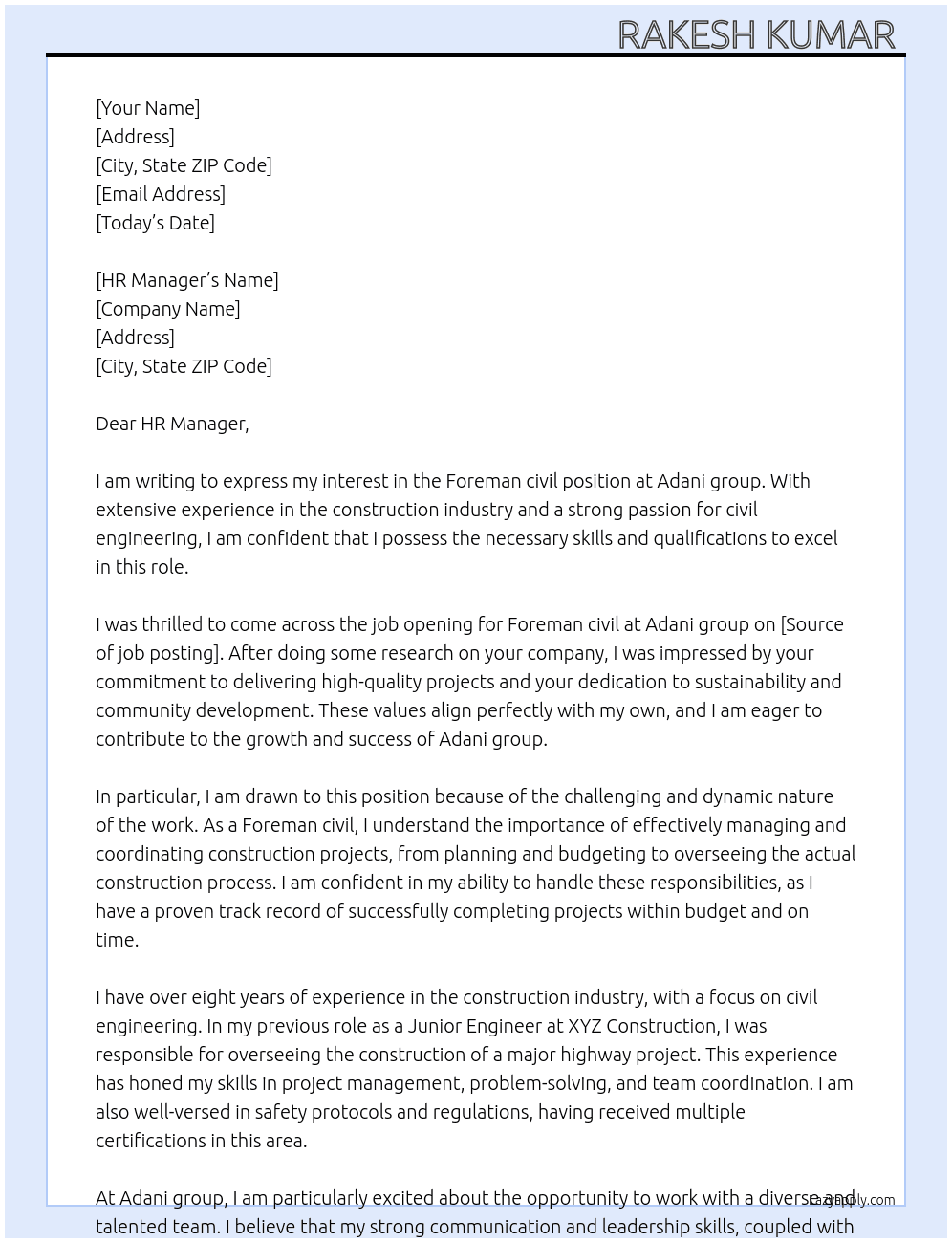 Cover letter for foreman civil - LazyApply