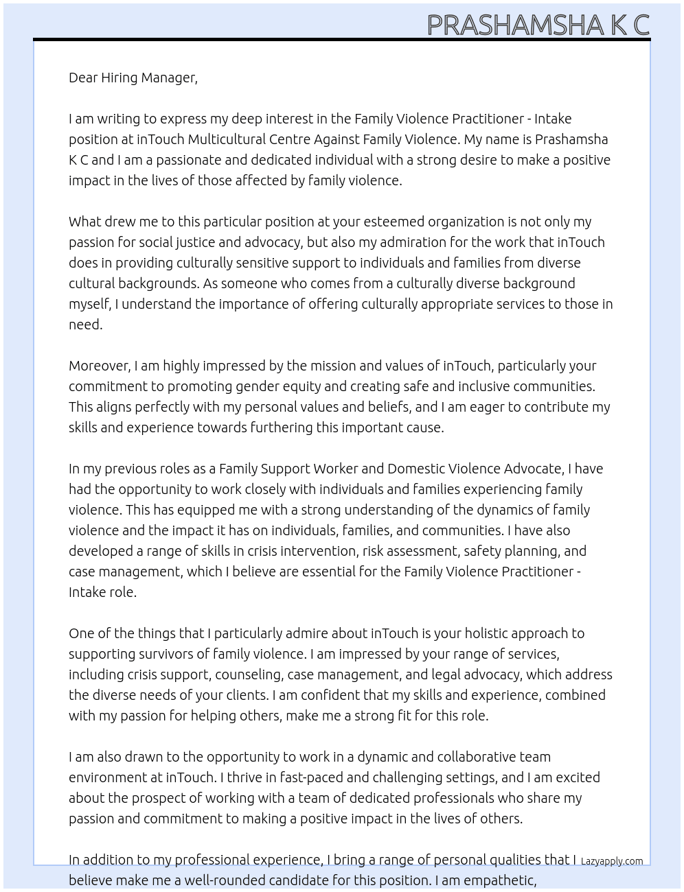 Cover letter for family violence practitioner - intake - LazyApply