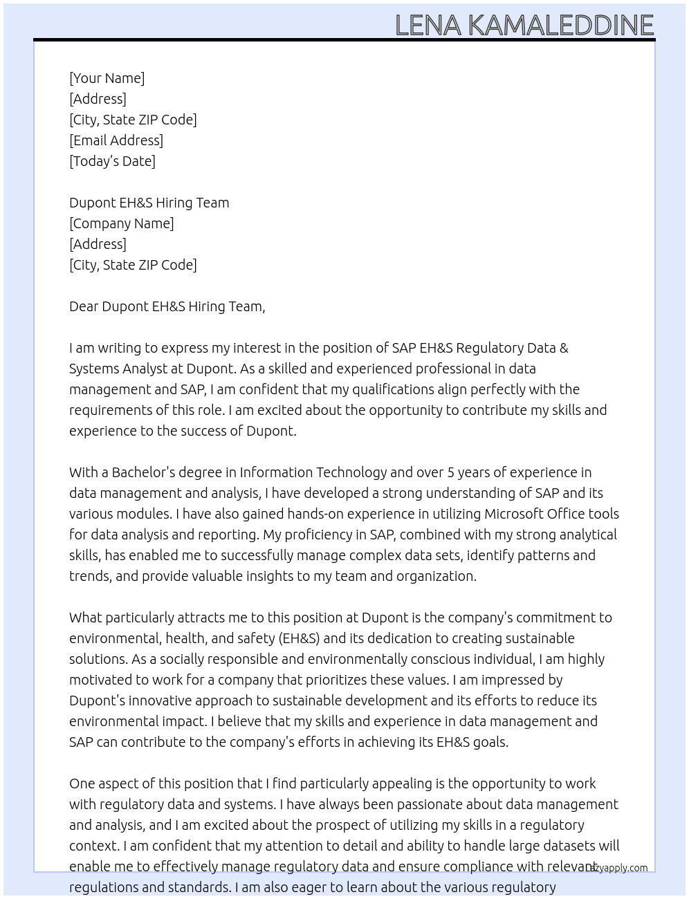 Cover letter for sap eh&s regulatory data & systems analyst - LazyApply