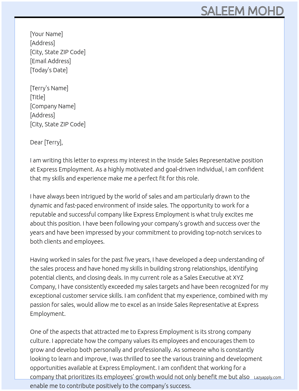 Inside Sales representative At Express Employment Cover Letter