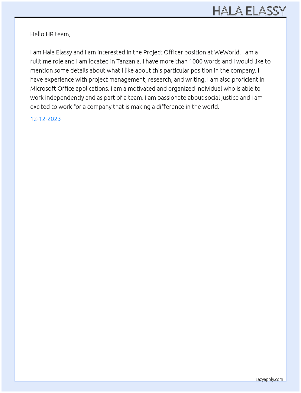 Project Officer At WeWorld Cover Letter