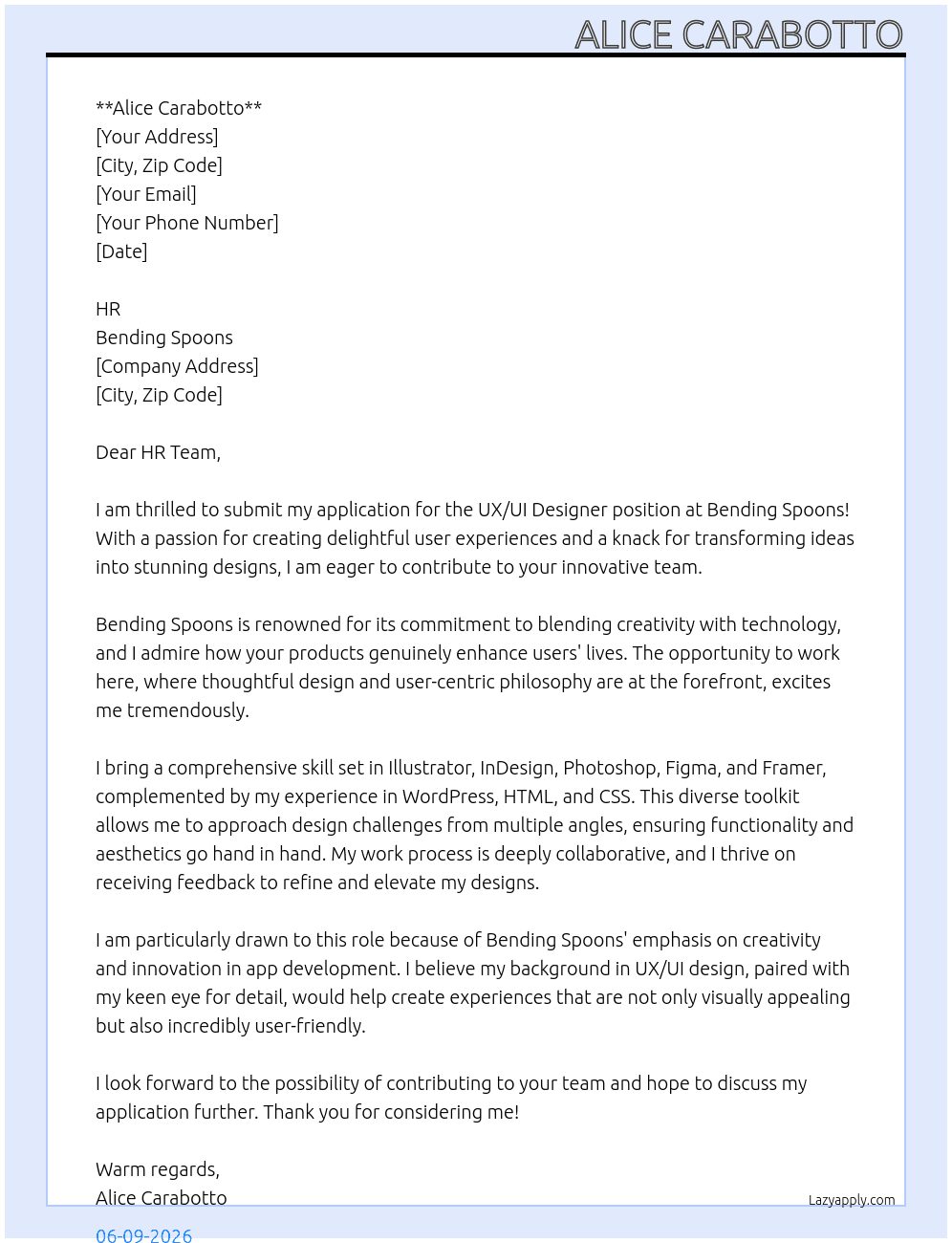 UX/UI designer At Bending Spoons Cover Letter