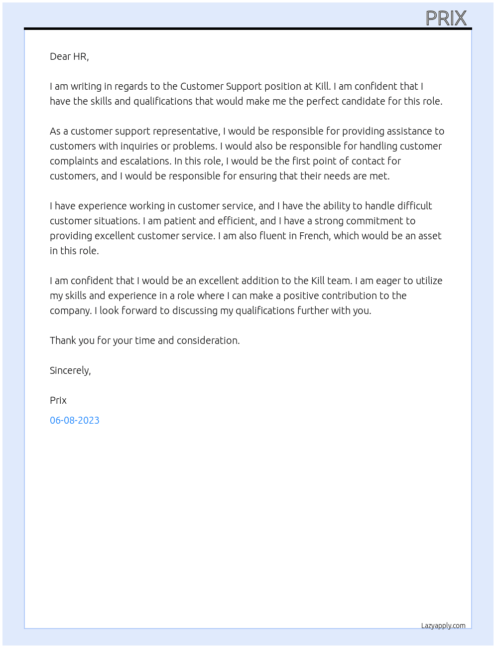 Customer SUpport  At Kill Cover Letter