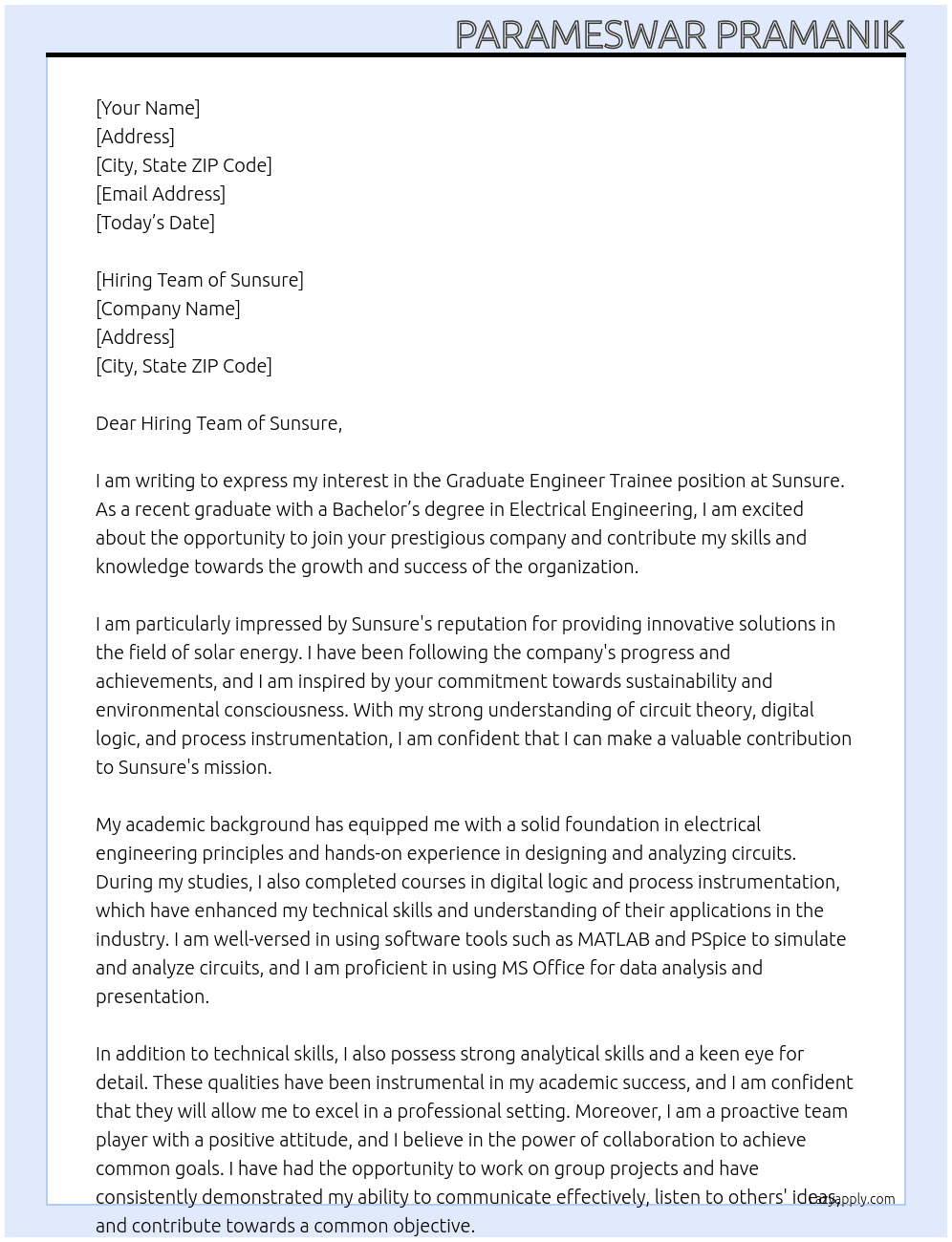 Graduate engineer trainee At Sunsure Cover Letter