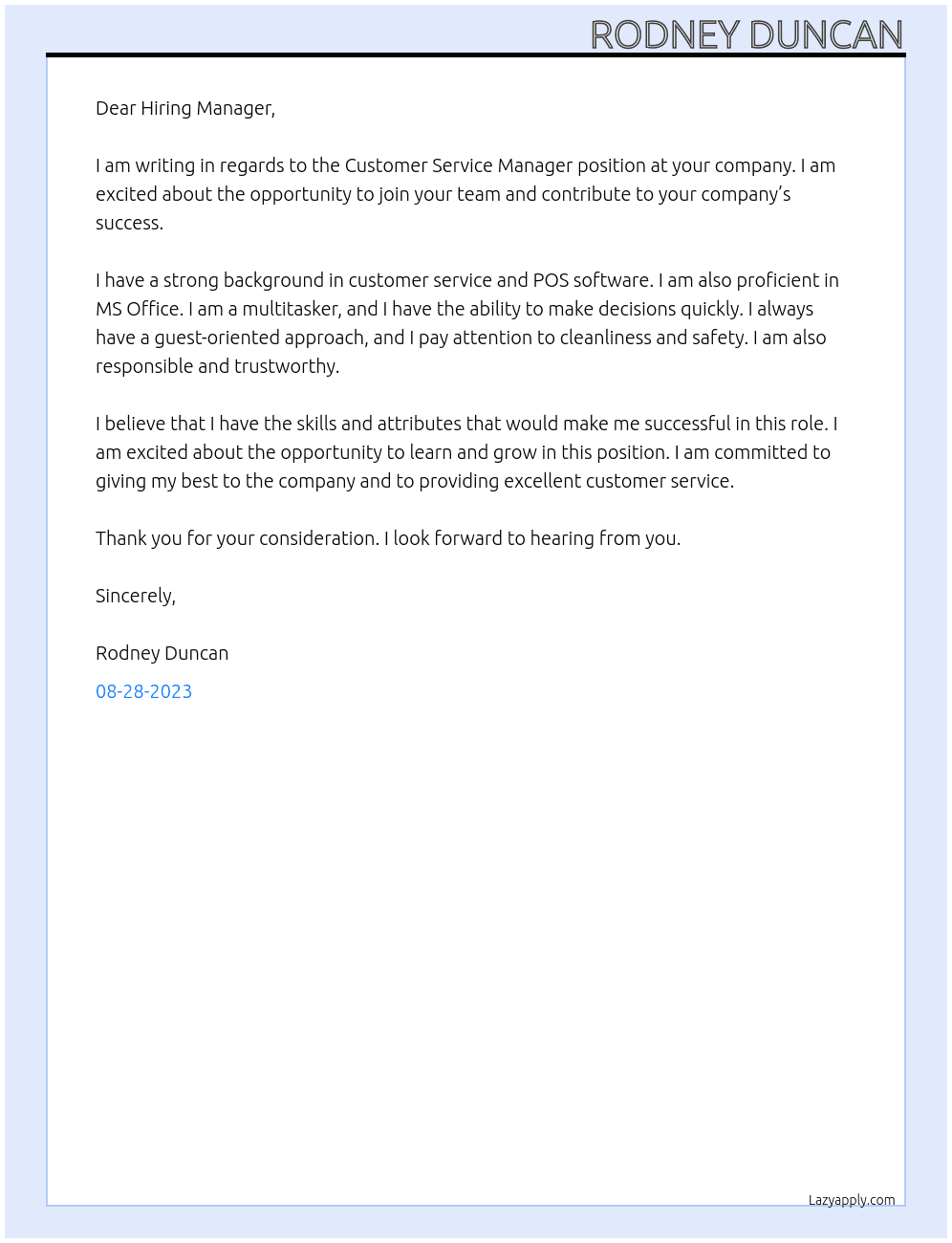 Customer service manager  At your company Cover Letter