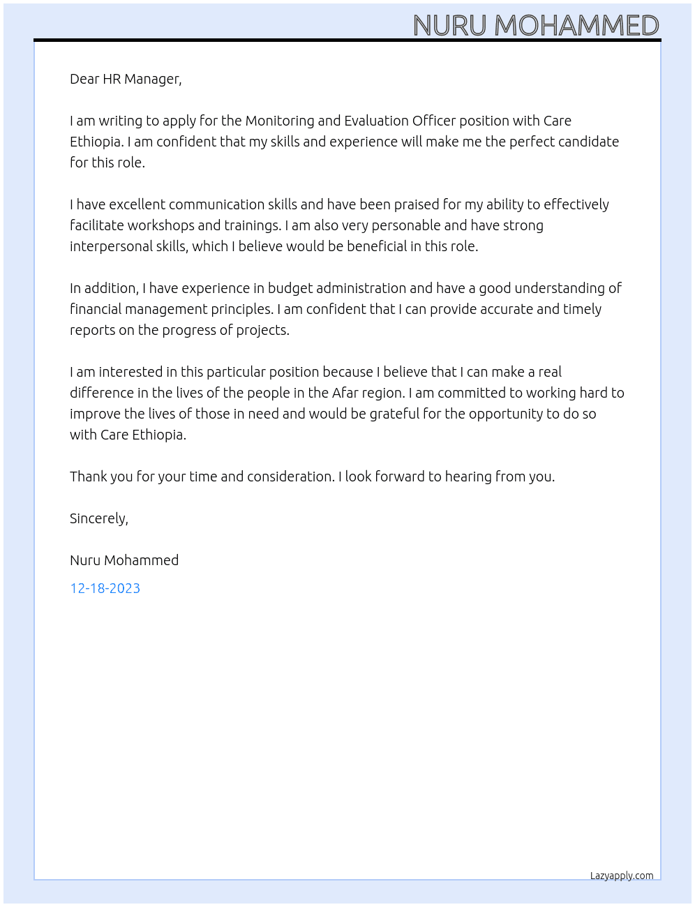 Monitoring and evaluation officer At Care Ethiopia Cover Letter