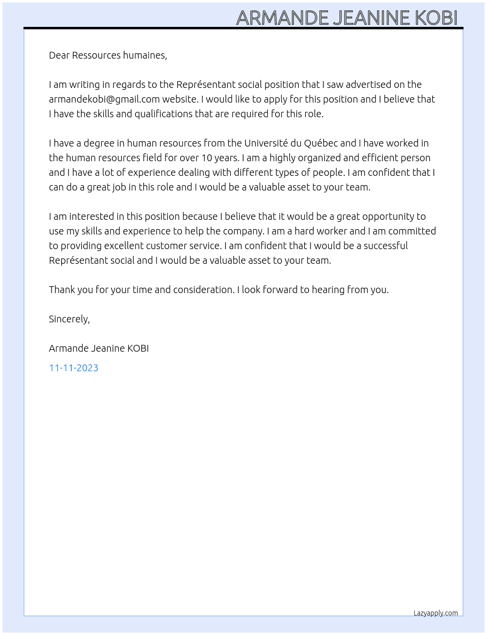Représentant social  At armandekobi@gmail.com Cover Letter