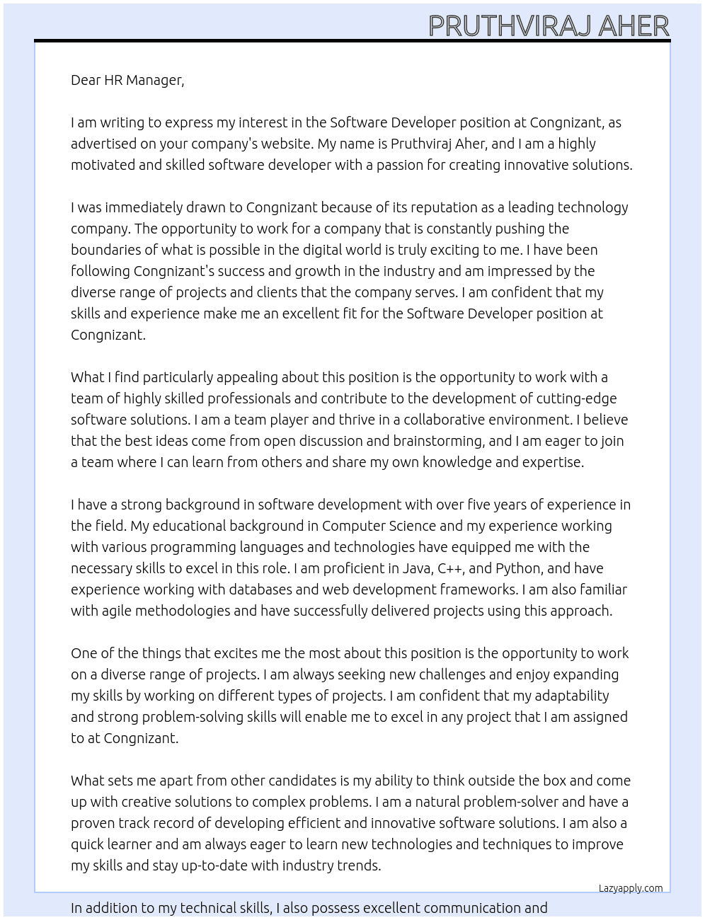 Software Developer At Congnizant Cover Letter