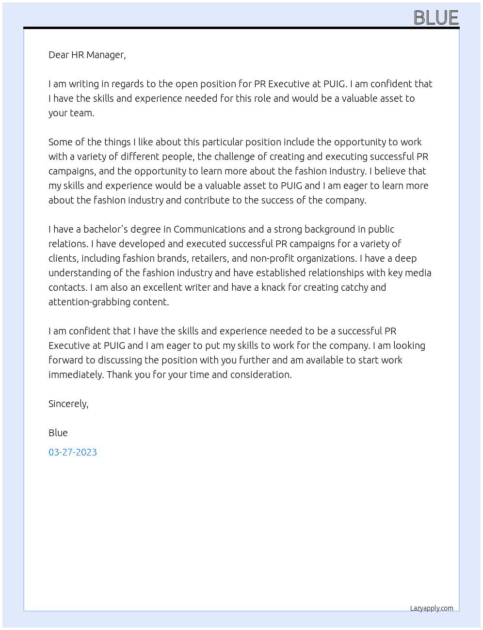 PR Executive At PUIG Cover Letter