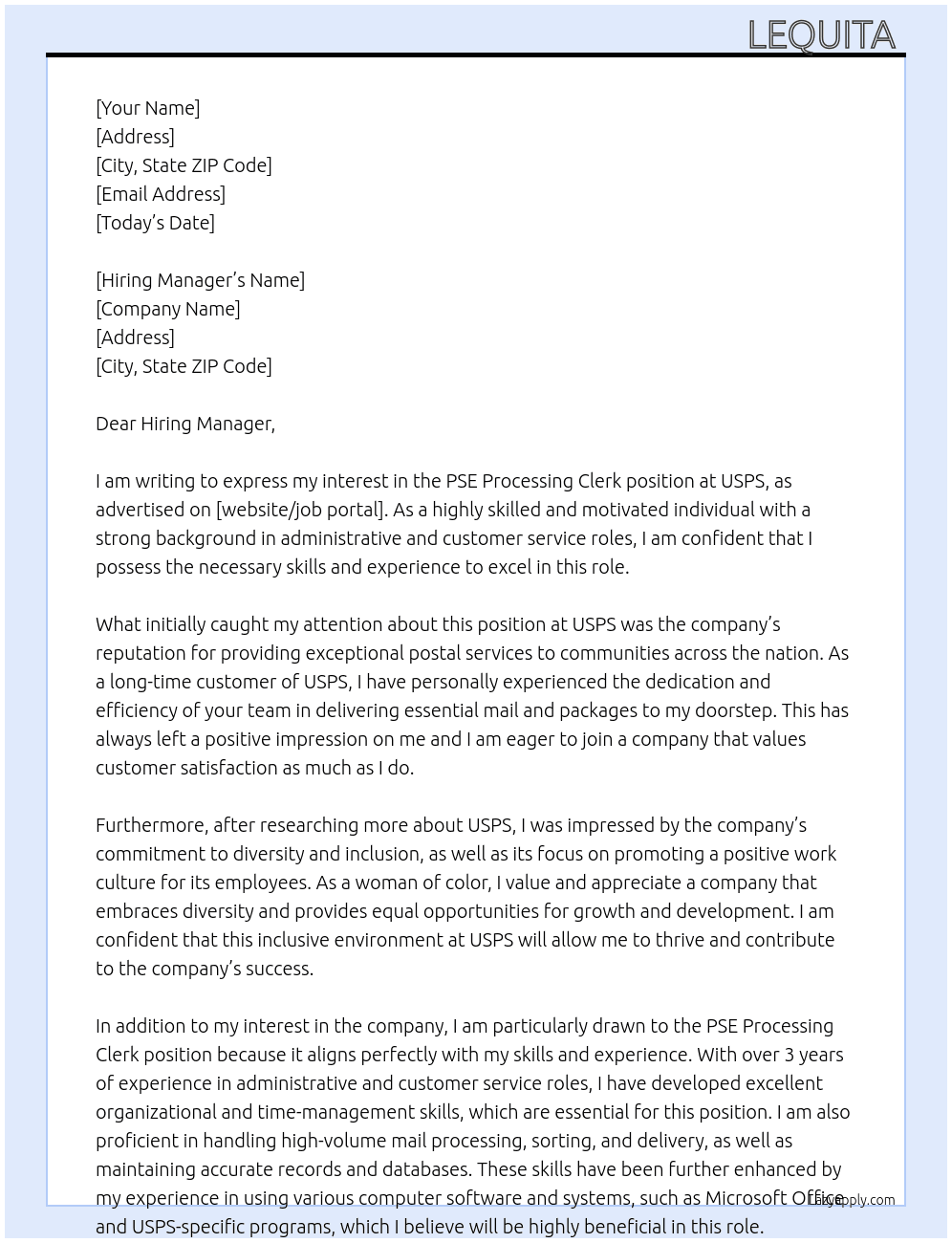 PSE Processing Clerk At USPS Cover Letter