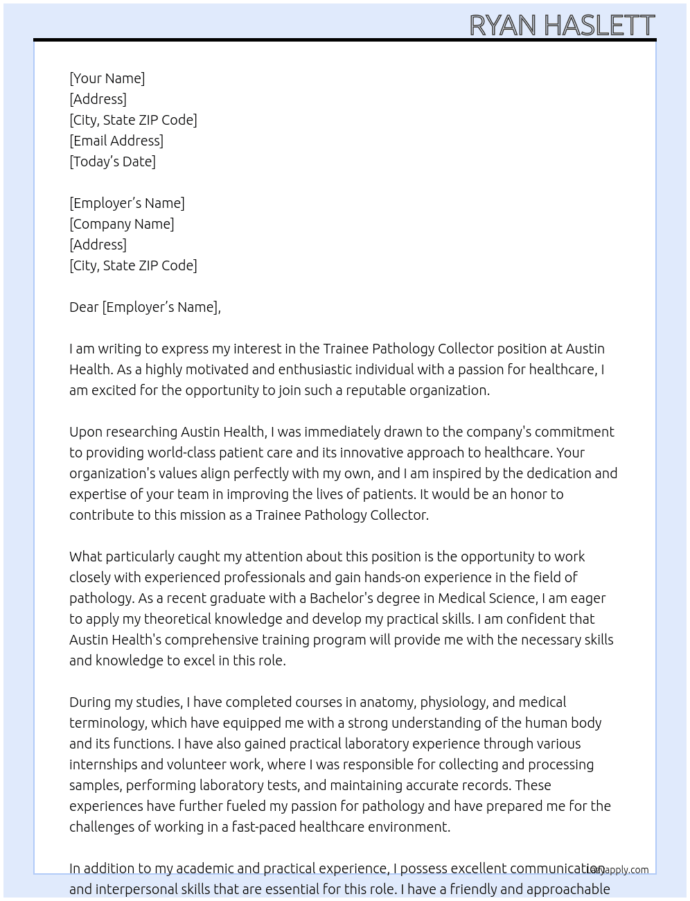 Trainee Pathology collector At austin health Cover Letter