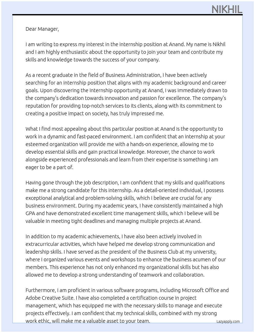 internship At Anand Cover Letter