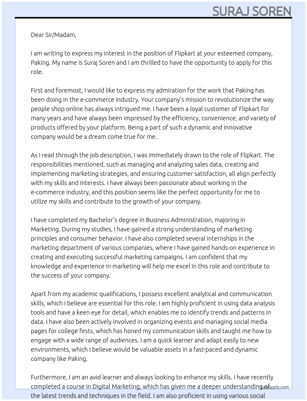 Flipkart At Paking Cover Letter