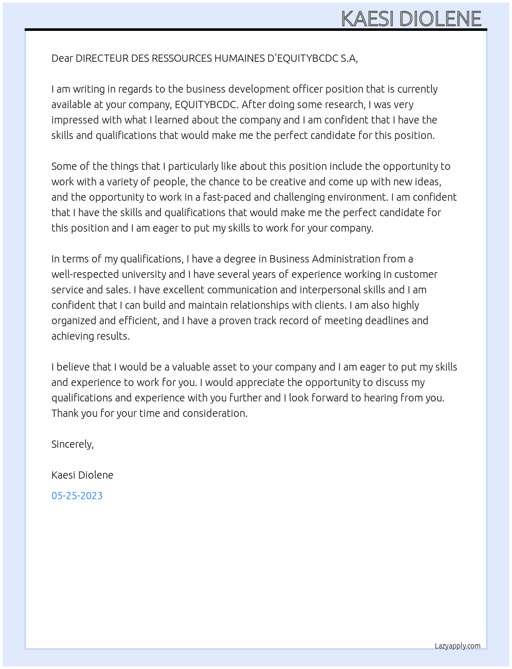business development officer At EQUITYBCDC Cover Letter