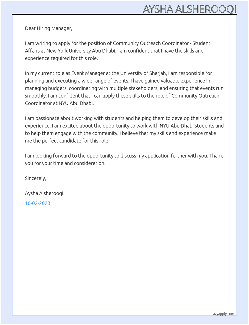 Community Outreach Coordinator - Student Affairs At New York University Abu Dhabi Cover Letter