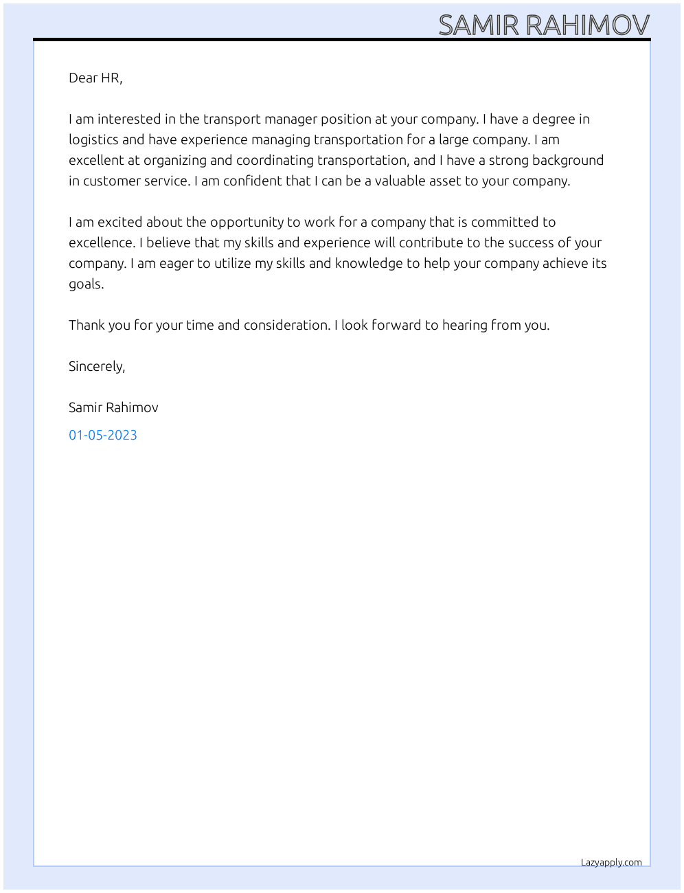 Transport manager At HR Cover Letter