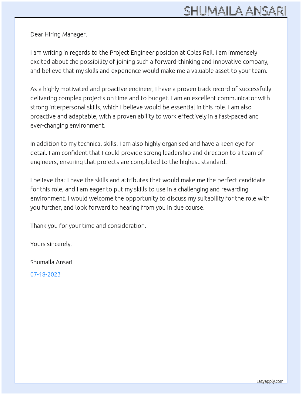Project Engineer  At Colas Rail  Cover Letter