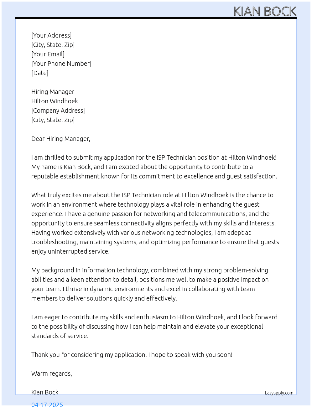 Cover letter for isp technician - LazyApply