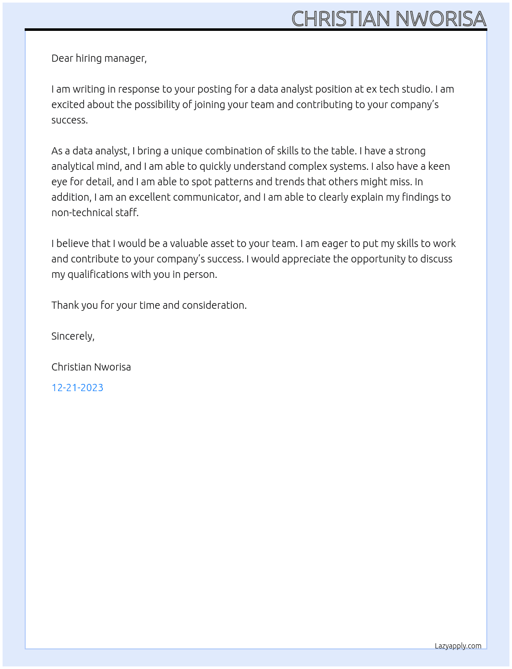 data analyst At ex tech studio Cover Letter