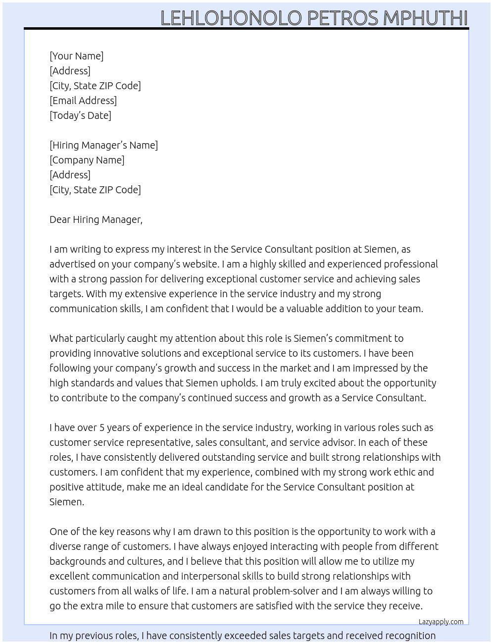 Service Consultant  At Siemen  Cover Letter