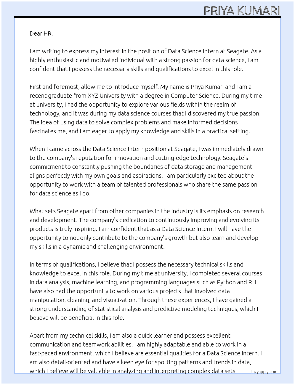 Data Science Intern At  Seagate Cover Letter