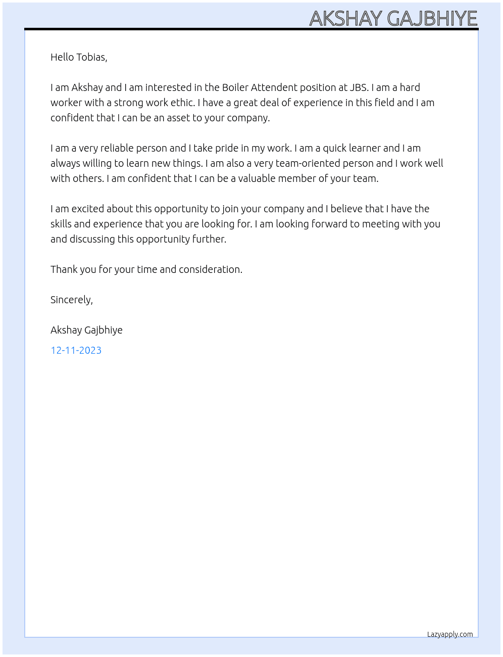 Boiler Attendent At JBS Cover Letter