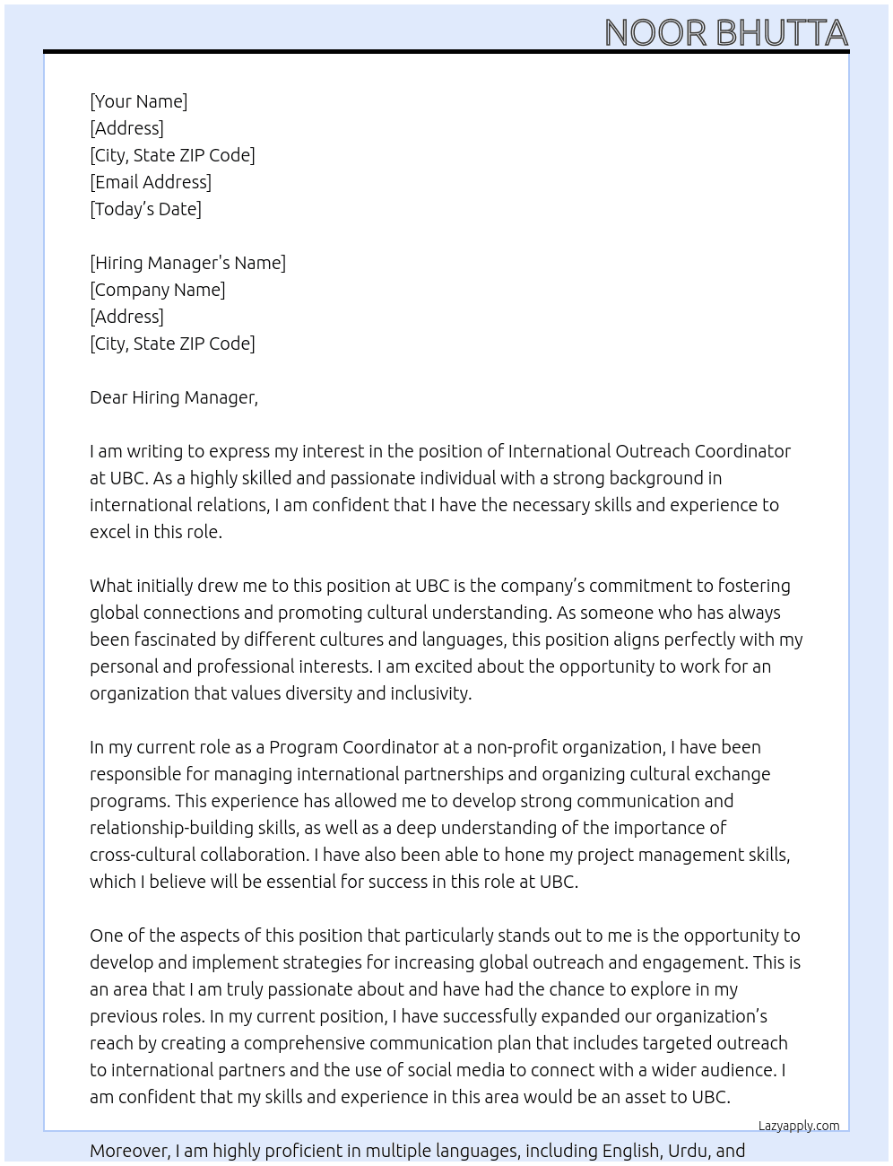 International Outreach Coordinator At UBC Cover Letter
