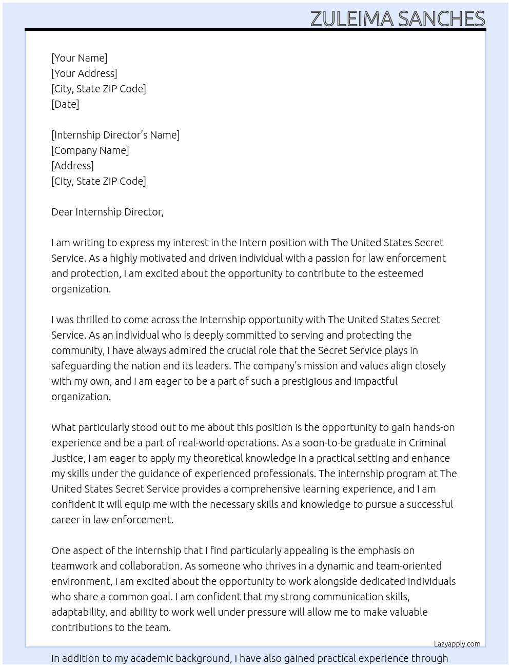 Intern At The United States Secret Service Cover Letter