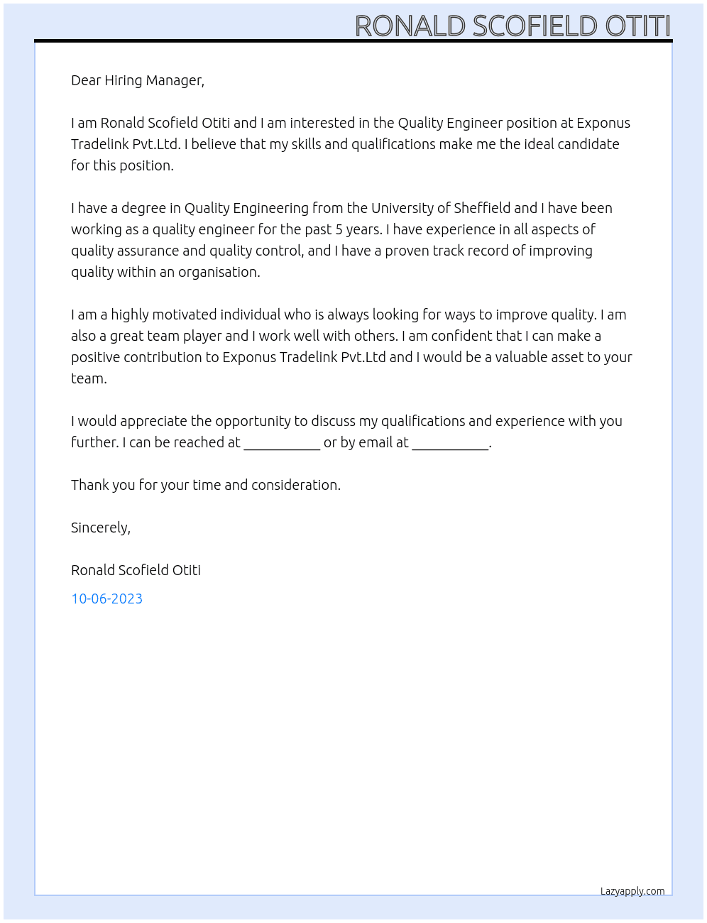 Quality Engineer  At Exponus Tradelink Pvt.Ltd Cover Letter