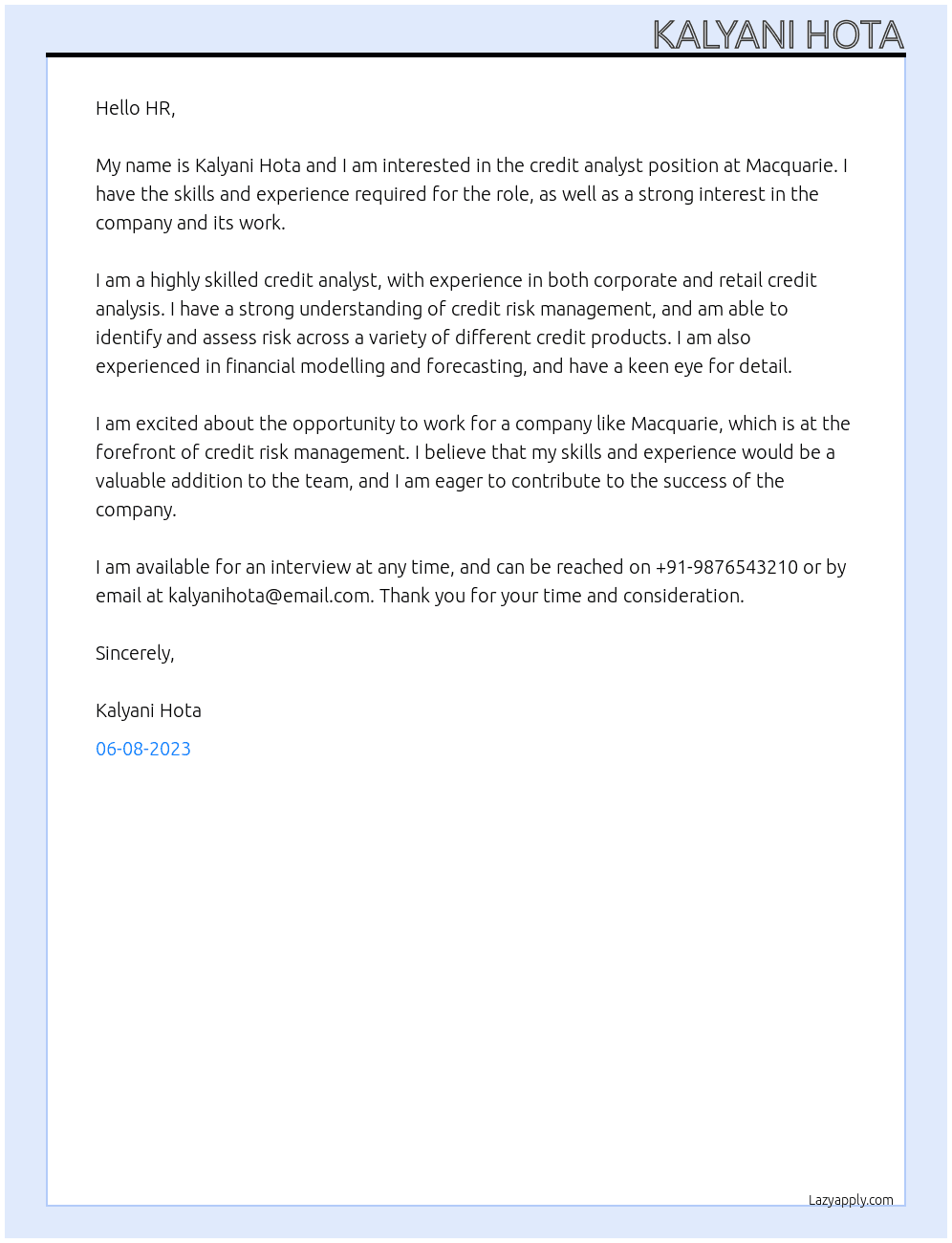 Credit analyst At Macquarie  Cover Letter