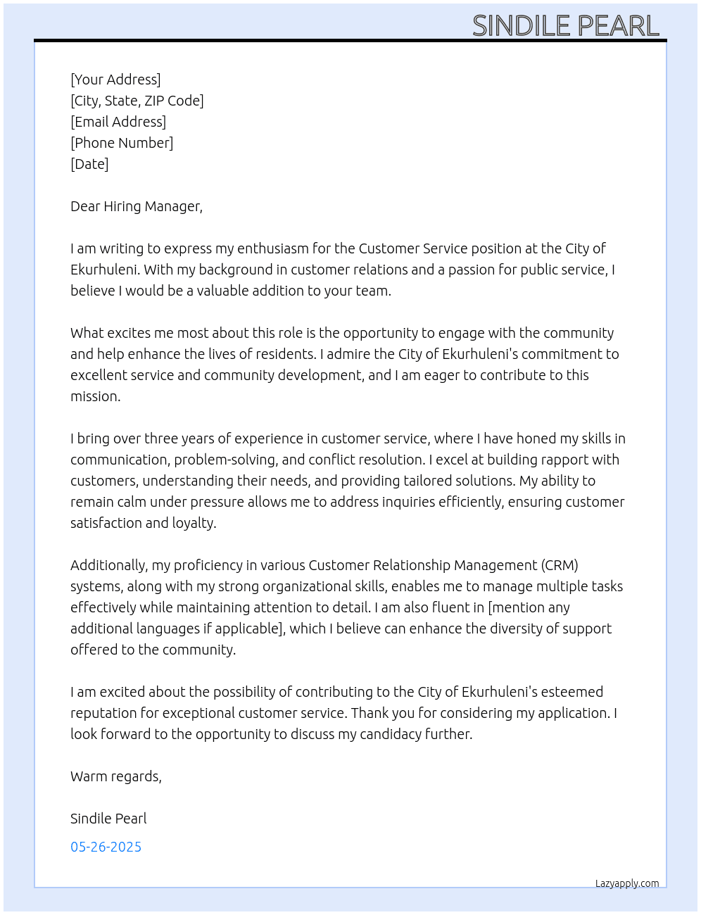 Customer Service  At City of Ekurhuleni  Cover Letter