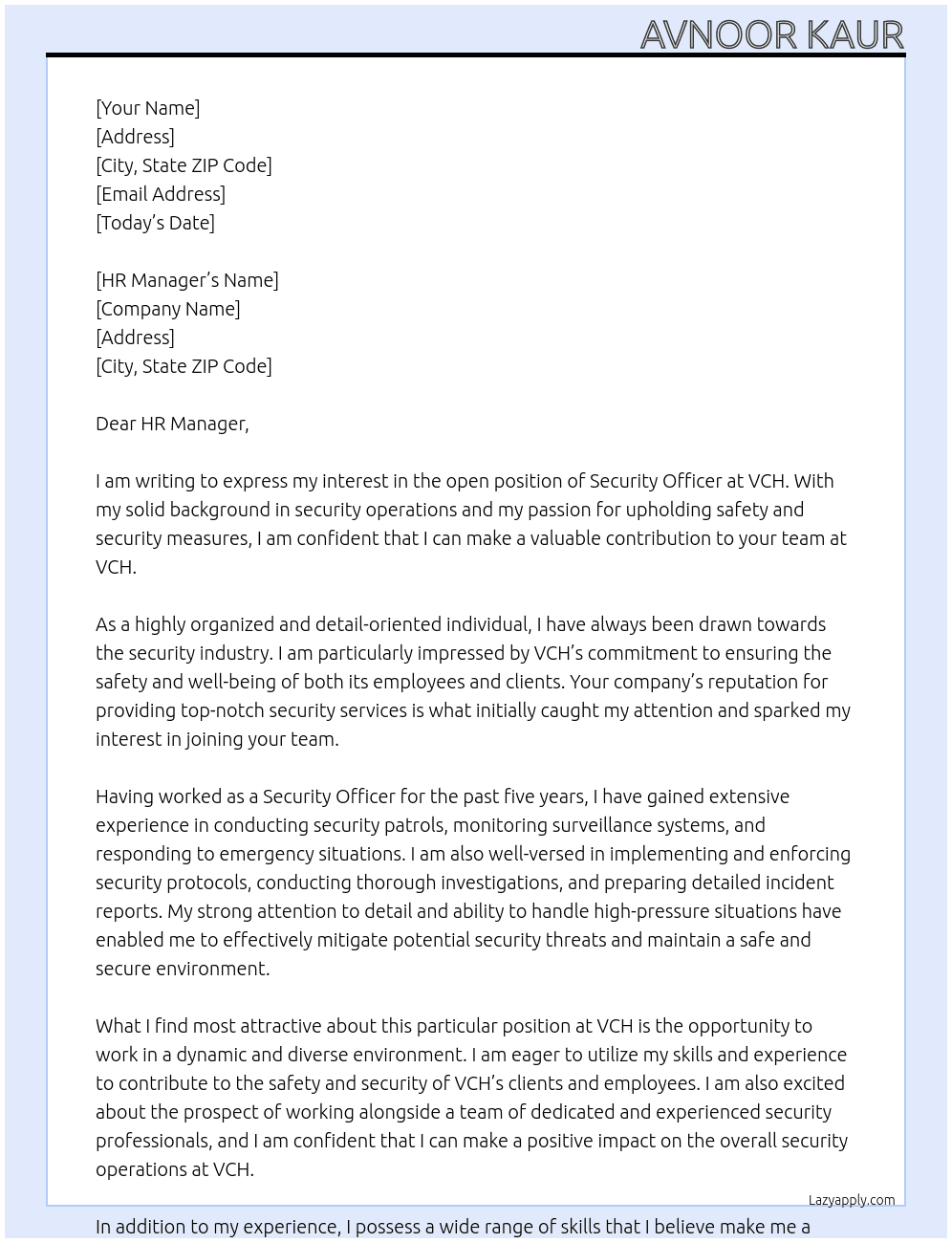 Security officer At VCH Cover Letter