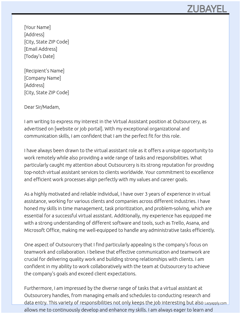 Virtual Assistant At Outsourcery Cover Letter