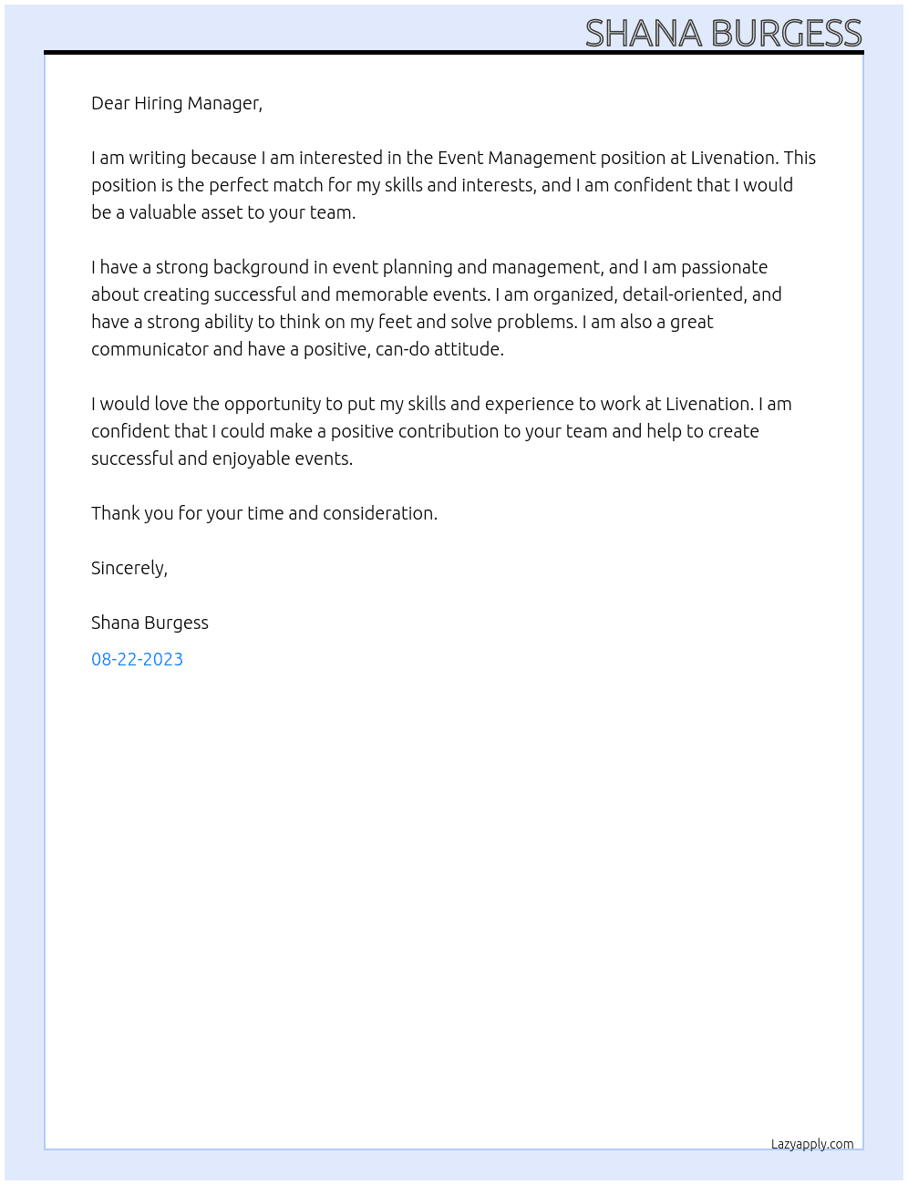Event Management At Livenation Cover Letter