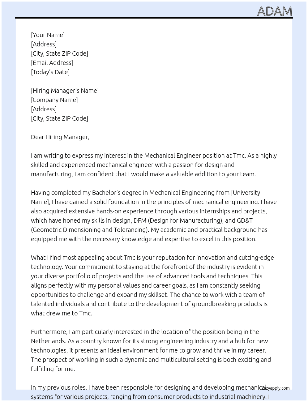 Mechanical engineer At Tmc Cover Letter