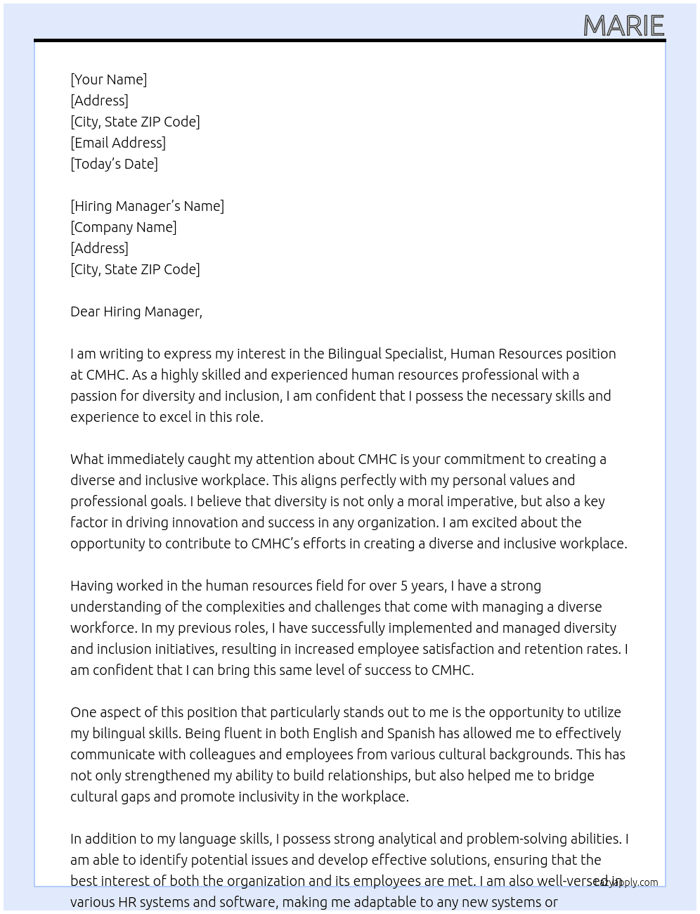 Bilingual Specialist, Human Resources At CMHC Cover Letter