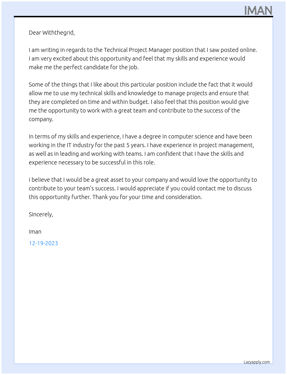 Technical Project Manager At Withthegrid Cover Letter