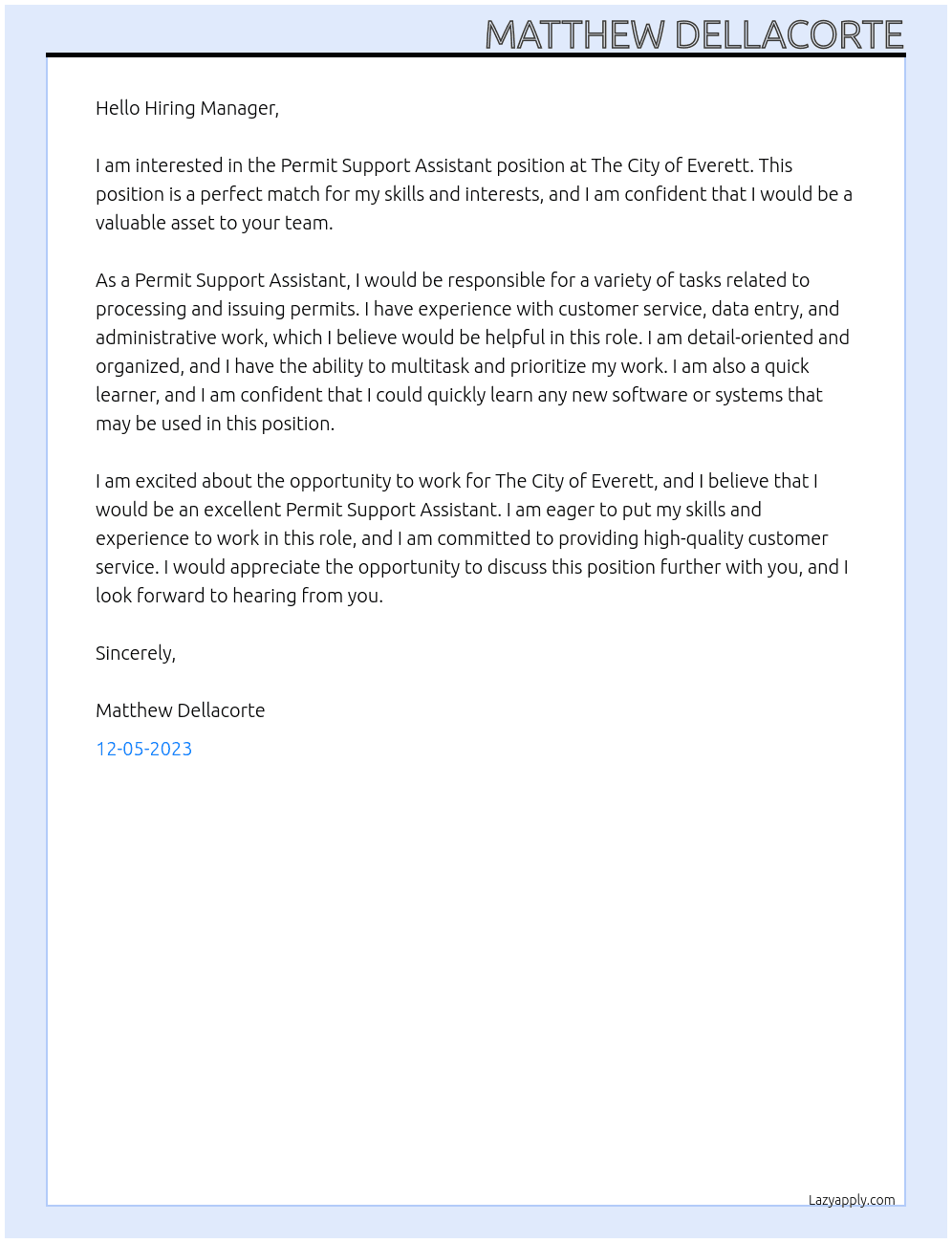 Permit Support Assistant At The City of Everett Cover Letter