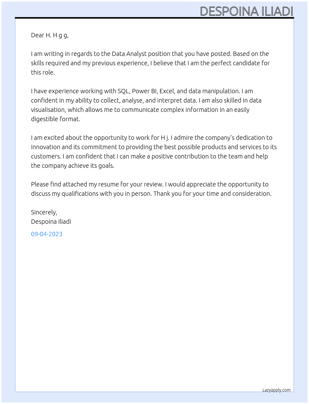 Data Analyst  At  H j  Cover Letter