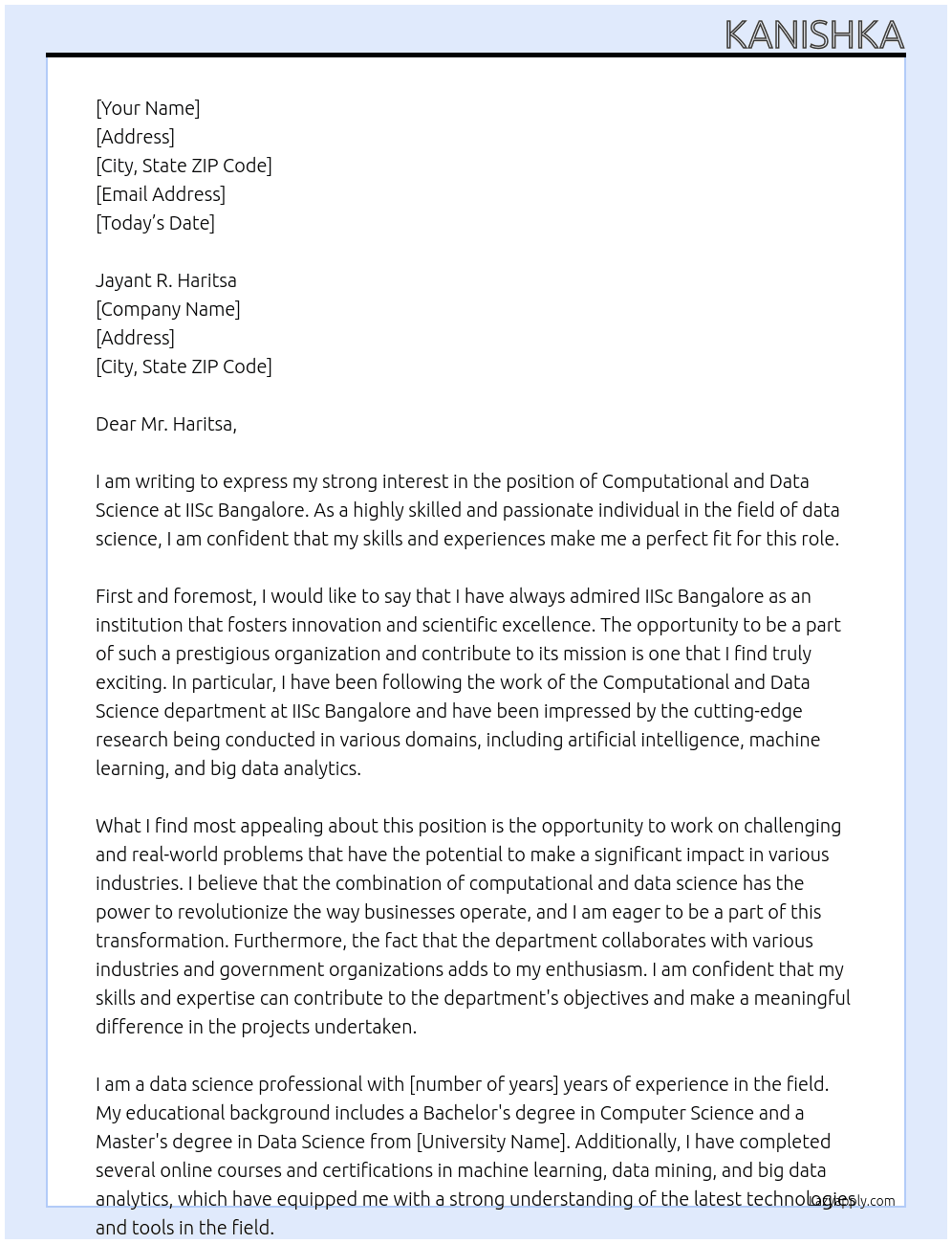 computational and data science At iisc bangalore  Cover Letter